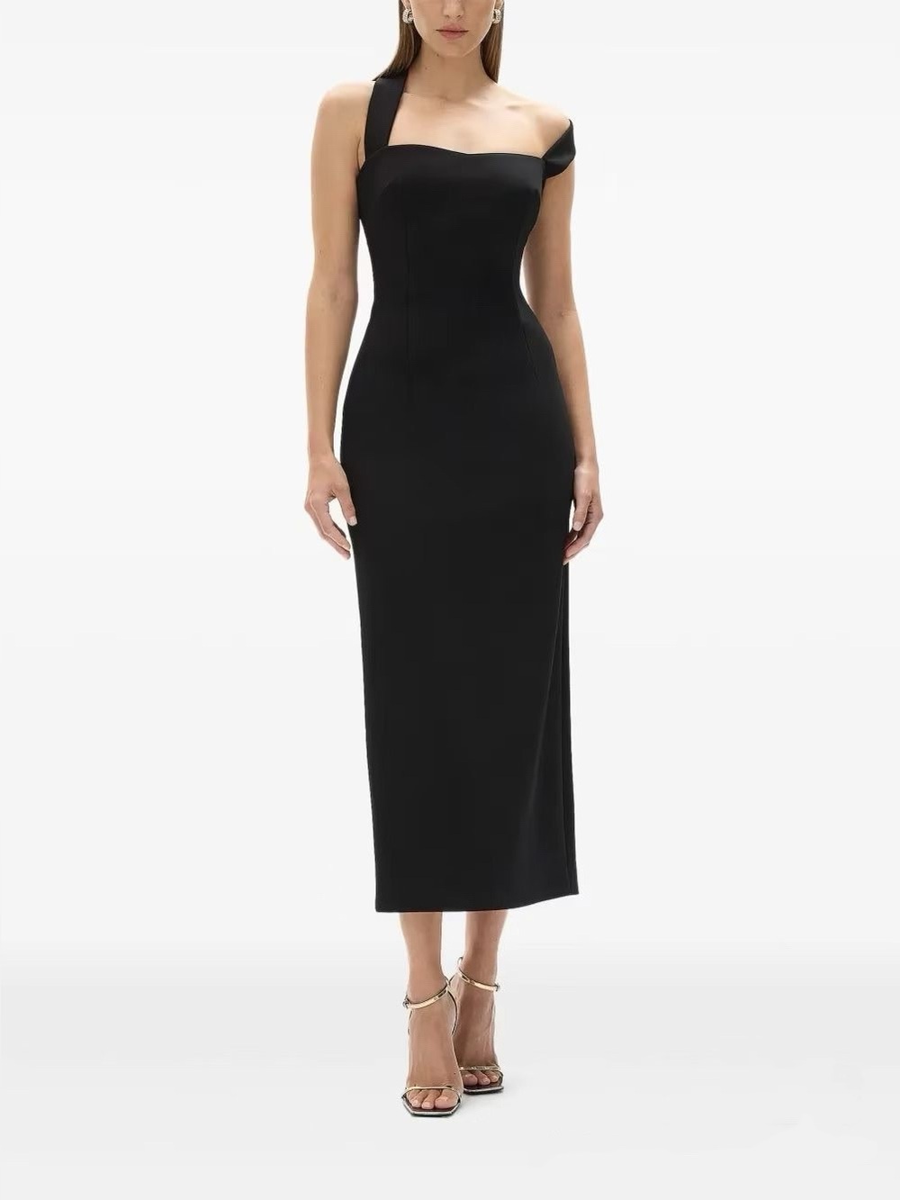 Rachel Gilbert Jacqui Black Crepe Structured Shoulder Straps Midi Dress AU1/US4